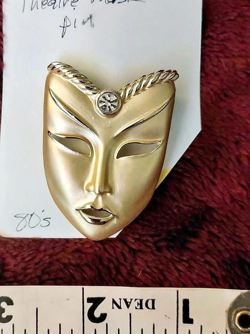 Gold Face Mask Brooch with Clear Crystal Accent